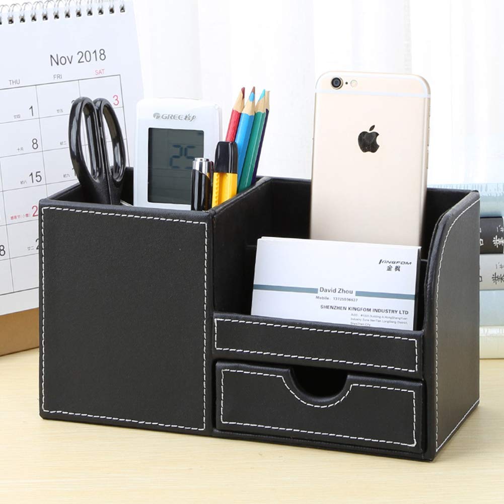 KINGFOM™ wielofunkcyjny organizer na biurko ze skóry syntetycznej z 3 przegródki, schludny na biurko, wizytówka, długopis, ołówek, telefon komórkowy, uchwyt na pilota, artykuły biurowe, organizer
