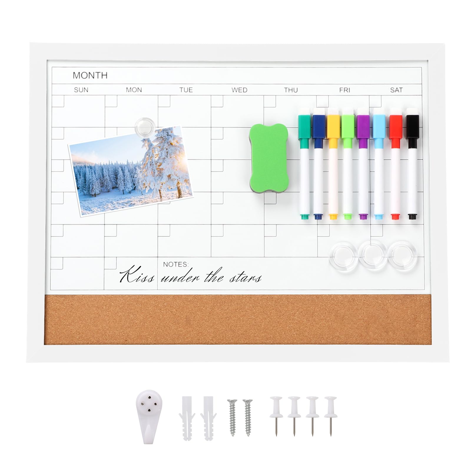 Lavagna bianca e lavagna in sughero magnetica 43 x 33 cm Calendario cancellabile a secco con cornice bianca, lavagna bianca 2 in 1 in sughero, pianificatore da cucina e ufficio