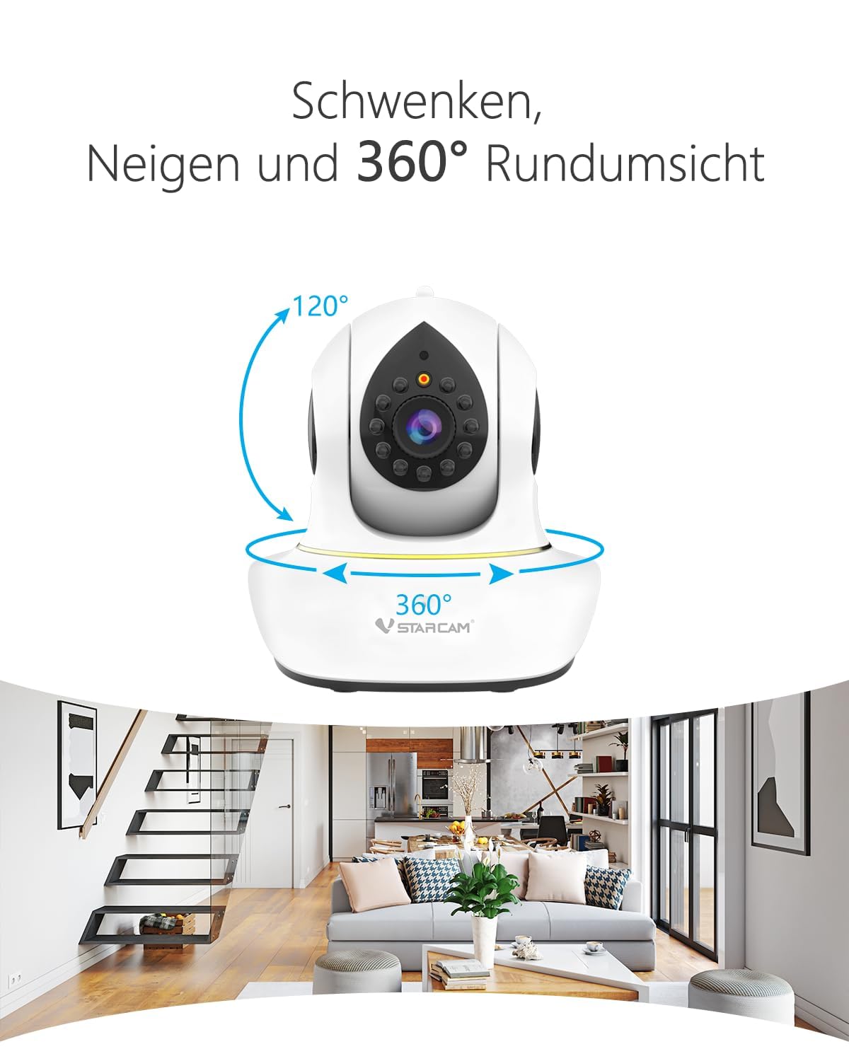 VSTARCAM 2K Überwachungskamera Innen, Interaktive Kamera für Hunde und Katzen mit Handy-App, 360° Linsenschwenkung und Neigung, Infrarot-Nachtsicht, Bewegungsverfolgung, 2-Wege-Audio