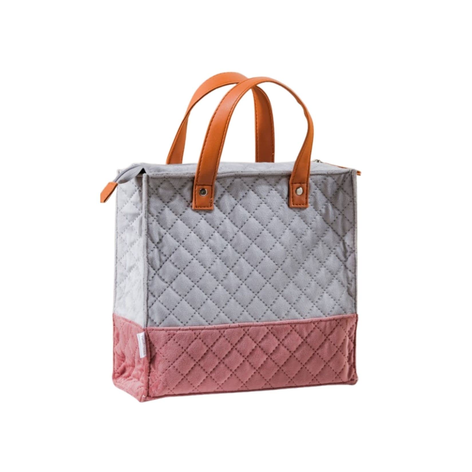 Nestasia Lunch Bag for Women Office Use - Stylish Velvet Quilted Tiffin Bag, Fits Small 320ml x 3 Lunch Boxes & 700ml Water Bottle, Perfect for Office, Travel & Gifting (Grey & Pink)