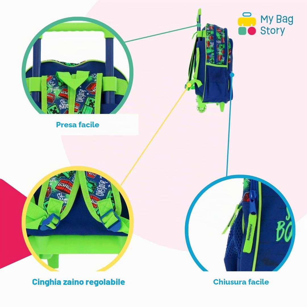 mybagstory | Zaino con ruote Minecraft | 2 scomparti | Verde | Borsa scuola Creeper Boom 48 cm con tasche laterali in rete e robusto sistema trolley ideale per la scuola elementare.