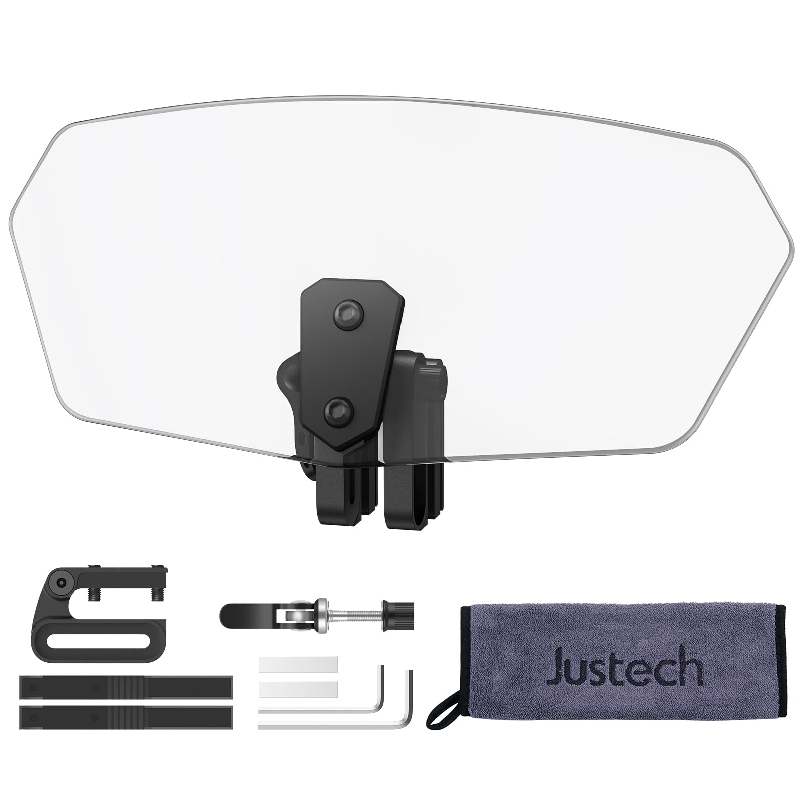 Justech Réglable Pare-Brise de Moto Matériau ABS Bruit Plus Faible Support Noir Pare-Brise de Moto 270x130x43mm avec Petite Serviette 30×30cm pour Plupart des Motos