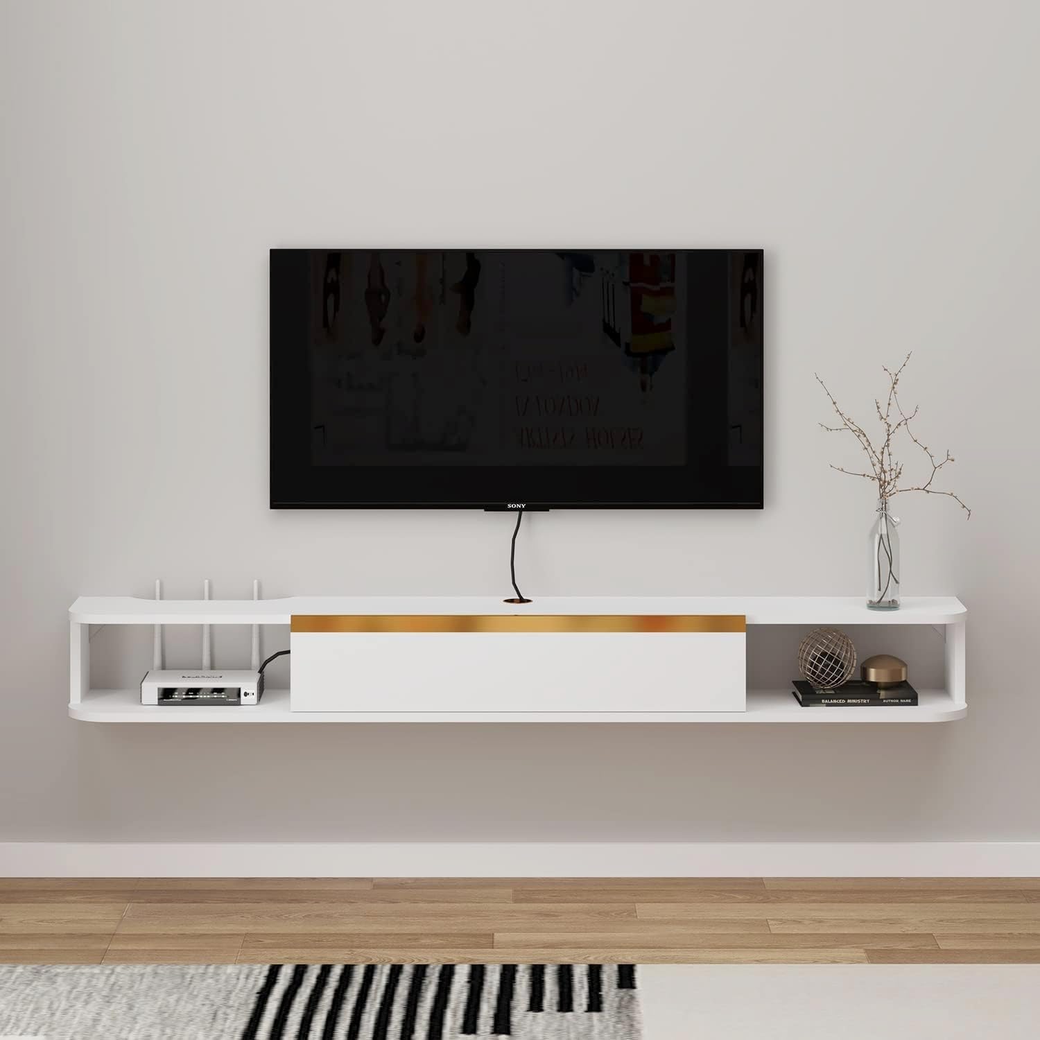 Pmnianhua Floating TV Stand, Wall Mounted Entertainment Center TV Media Console, Floating Shelves with Door, Floating TV Cabinet Large Storage TV Bench for Living Room (White, 180cm)