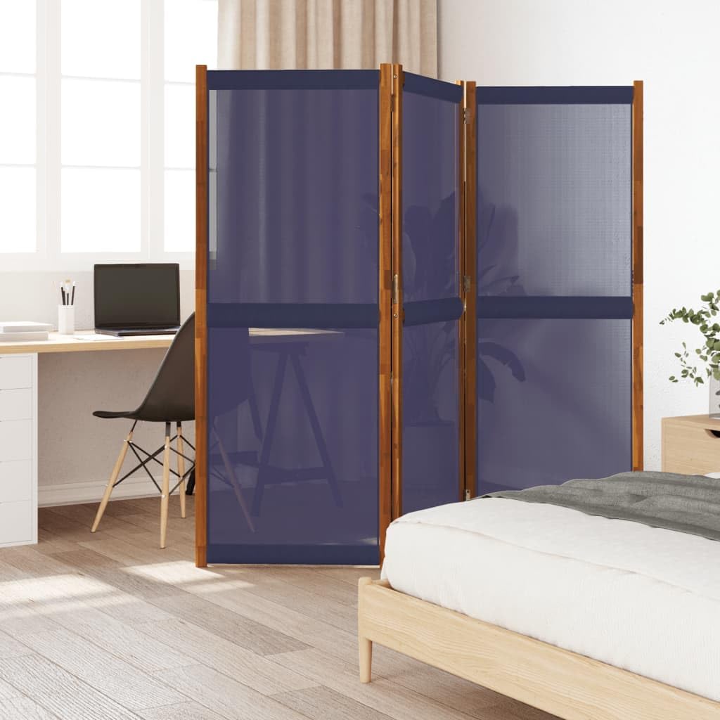 Paravent pliable 3 pièces en bois d'acacia et textilène pour brise-vue et intimité à l'intérieur et à l'extérieur Bleu foncé 210 x 180 cm