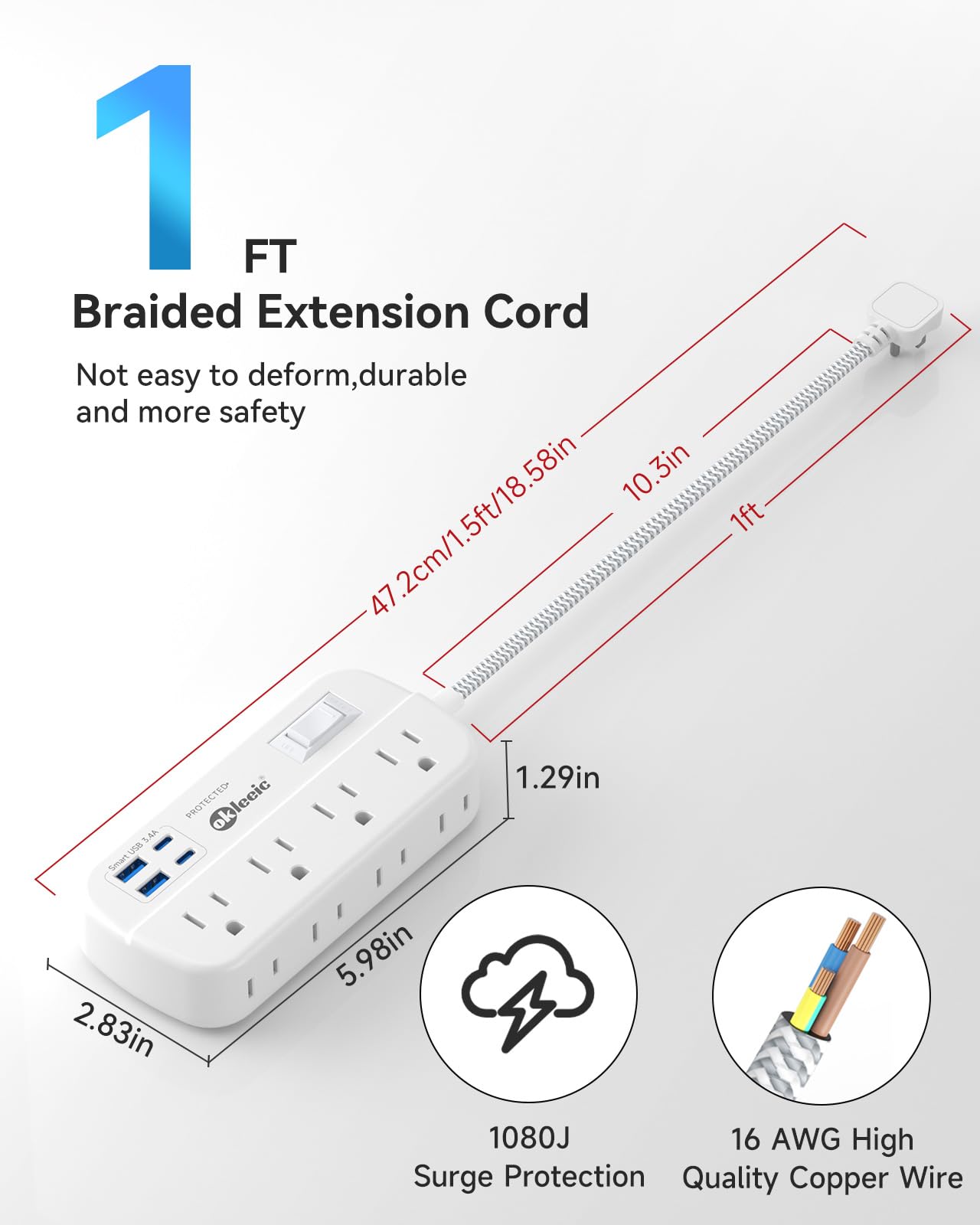 Short Extension Cord 1 ft - Flat Plug Power Strip Surge Protetor with 8 Outlets 4 USB (5V/3.4A 17W) Charging Ports, Multi Plug Wall Outlet Splitter for Home Bedroom Hotel Office Desktop Accessories
