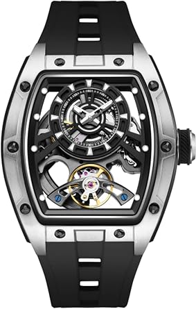 Free Focus Unique Mens Watch, Automatic Mechanical Watch, Luxury Skeleton Tonneau Watch, Stainless Steel Case and Silicone Band Lubeam/5ATM Waterproof/Super Luminus, Black, Skeleton