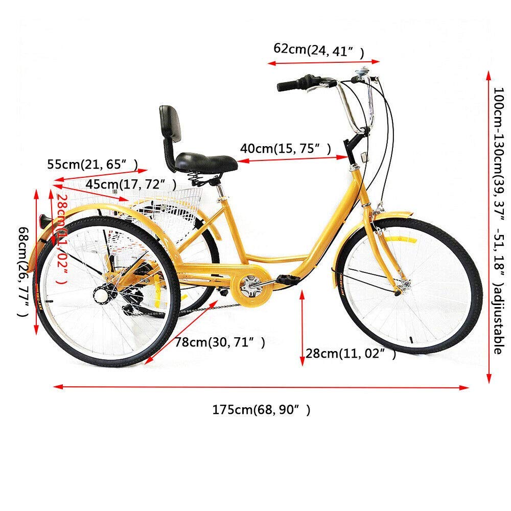 Tricycle Adulte 24 Pouces, 3 Roues, 6 Vitesses, avec Panier, pour Adultes et Personnes âgées, vélo pour Le Shopping, Les Sports de Pique-Nique en Plein air