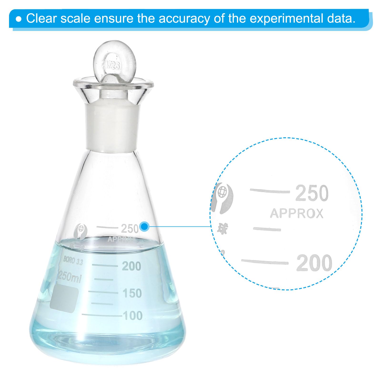 PATIKIL Erlenmeyer-Kolben 3 Stück 250ml 8.5oz Schmale Öffnung Messkolben Mit Glasstopfen Borosilikatglas Kolben Mit Aufgedruckter Skala Für Laborversuche Chemie Wissenschaft