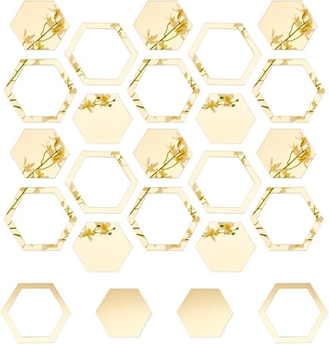 OLYCRAFT 24 calcomanías de pared de espejo hexagonal, removibles, autoadhesivas, azulejos acrílicos, azulejos dorados, para manualidades, decoración