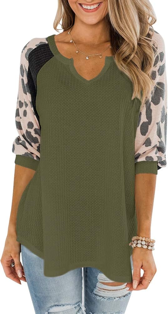 GAMISOTE Women's Leopard Color Block Tops Waffle Knit Half Sleeve Scoop Neck Raglan Tunic Tees Shirts
