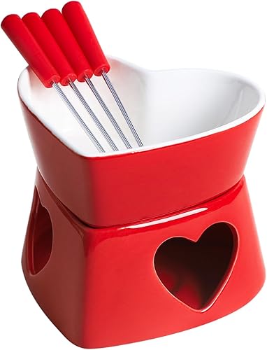 Sizikato Juego de fondue de chocolate de porcelana roja en forma de corazón, 10 onzas