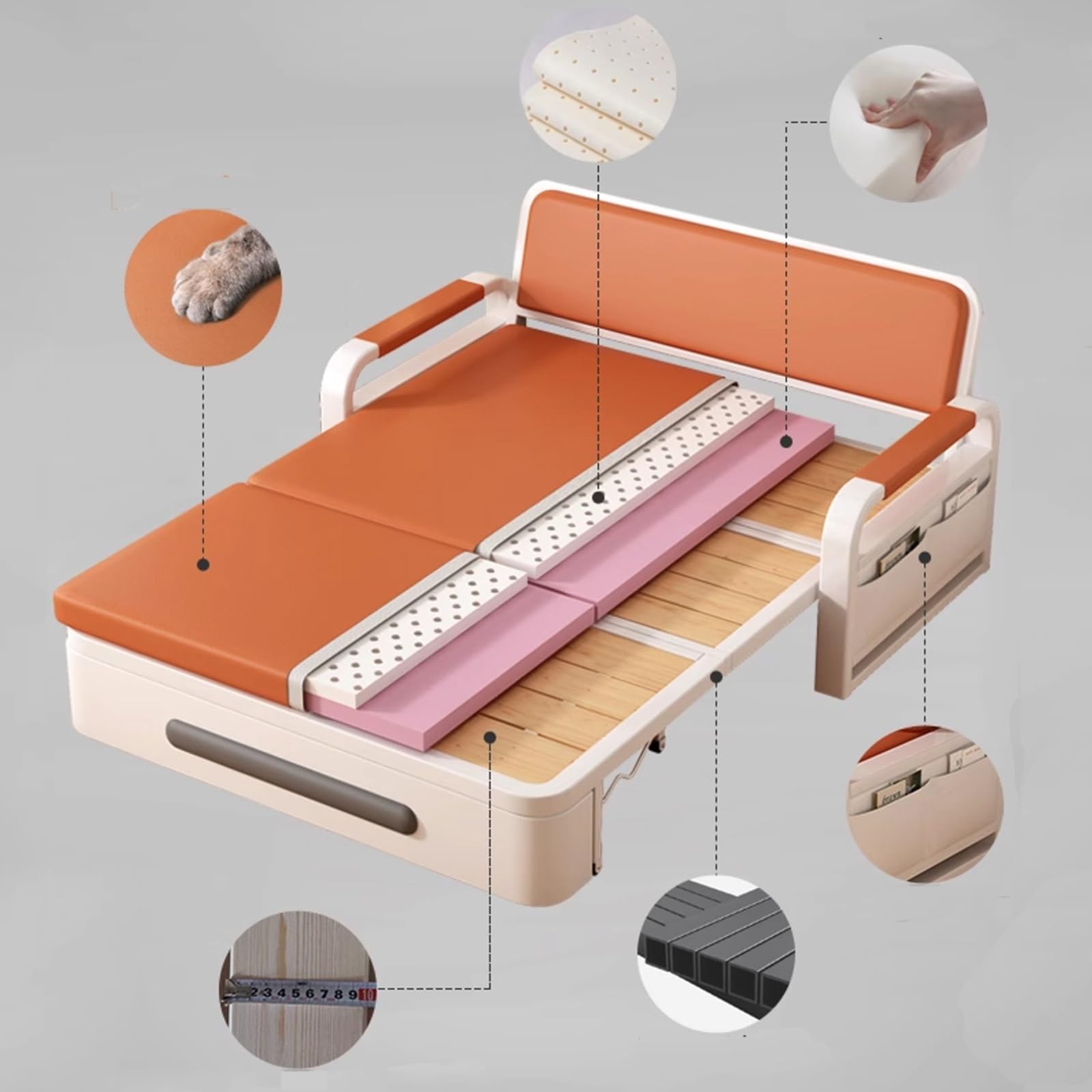 Klappsofa mit Schlaffunktion Leder Gästebett mit Stauraum Rahmen Aus Karbonstahl Wohnzimmer Sofa mit Rollen 7 cm Dicker Schaumstoff für Zuhause, Büro(Orange,192 * 82 * 65cm)