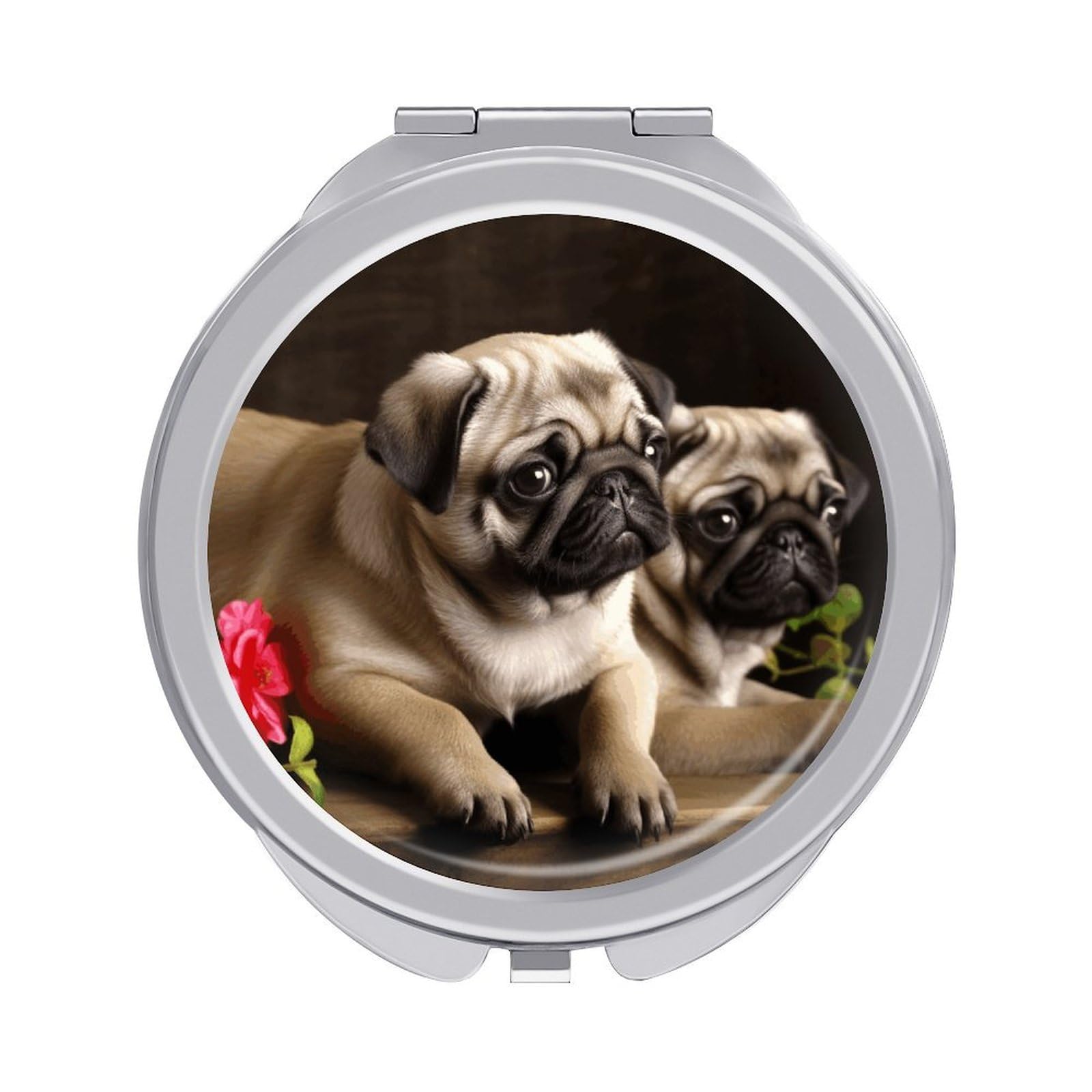 LZQPOEAS Puppys Pug Compact Mirror, Double-Sided Folding Makeup Mirror, Durable Metal Travel Pocket Mirror for Purse, Portable Round Touch-Up Mirror for Table Gifts and Everyday Use