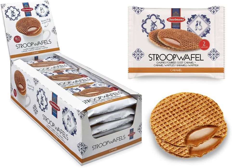 DAELMANS Stroopwafels, Dutch Waffles Soft Toasted, Caramel, Office Snack, Jumbo Size, Kosher Dairy, Authentic Made In Holland, 18 2-pack Stroopwafels Per Box, 2.75oz each