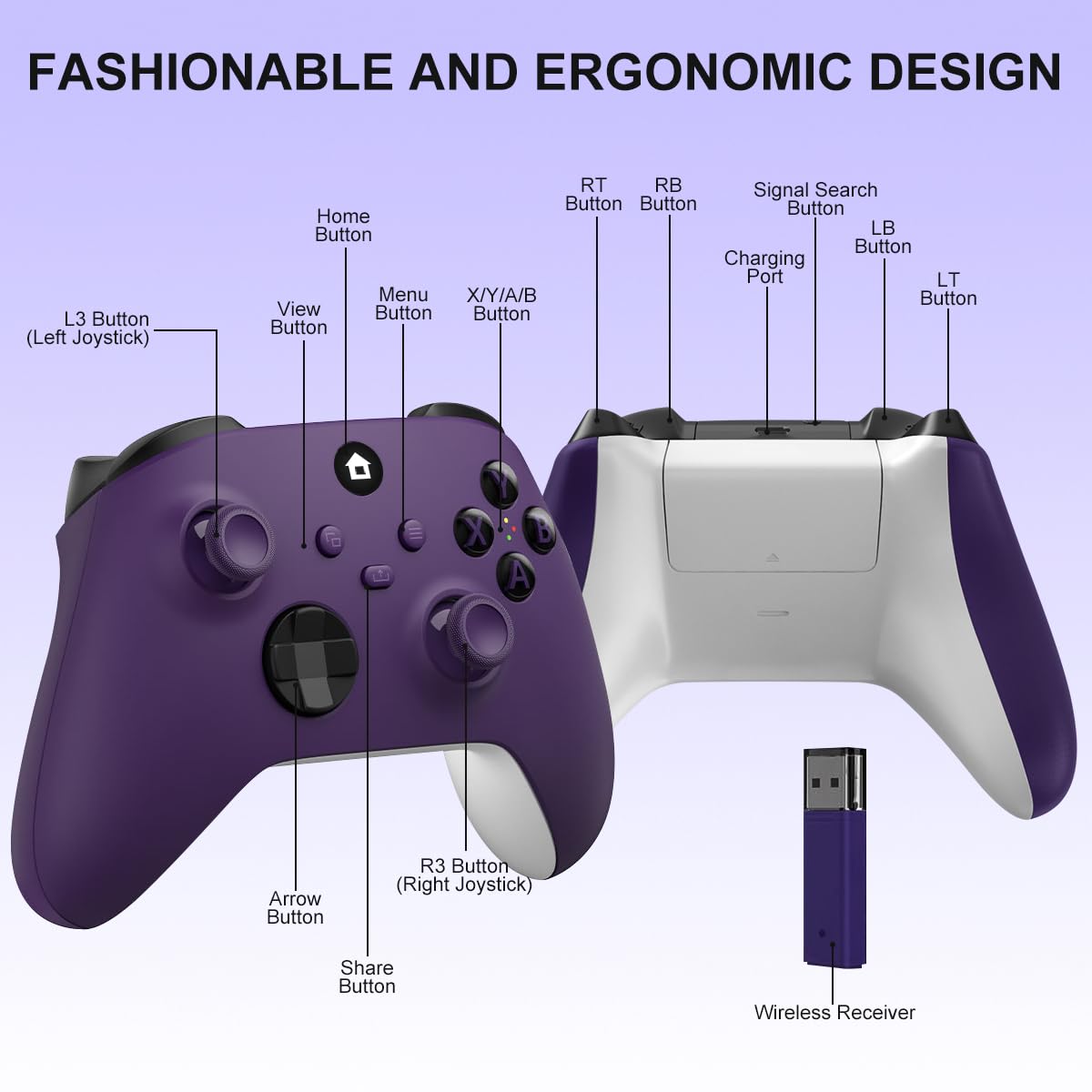 SWCTIM Xbox Controller Wireless für Xbox One, Xbox Series X/S, Xbox One X/S,Controller mit 2.4GHz Wireless Adapter,mit 3.5mm Kopfhörerbuchse,Lila