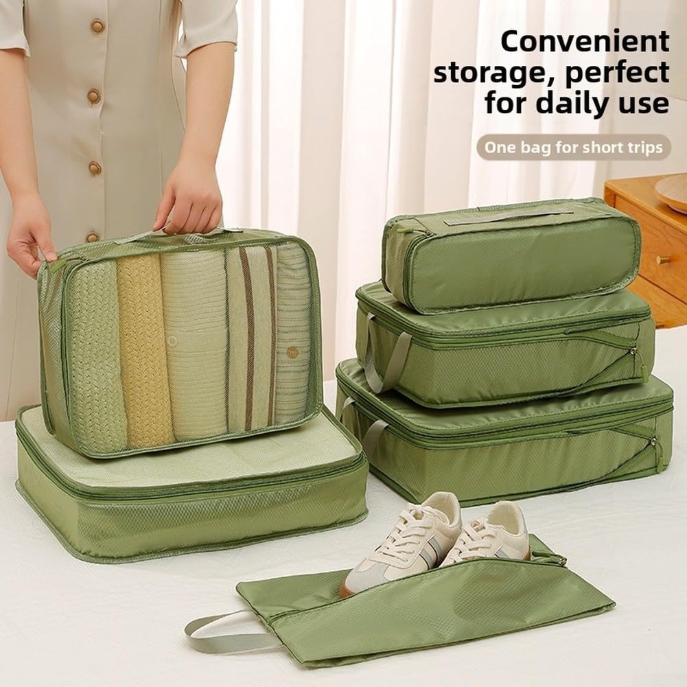 Packwürfel-Set, wasserdicht, Reise-Aufbewahrungstaschen, platzsparend, Gepäck-Organizer mit atmungsaktivem Netzgewebe für Kleidung, Schuhe, Toilettenartikel, Grün, 6 Stück (A)