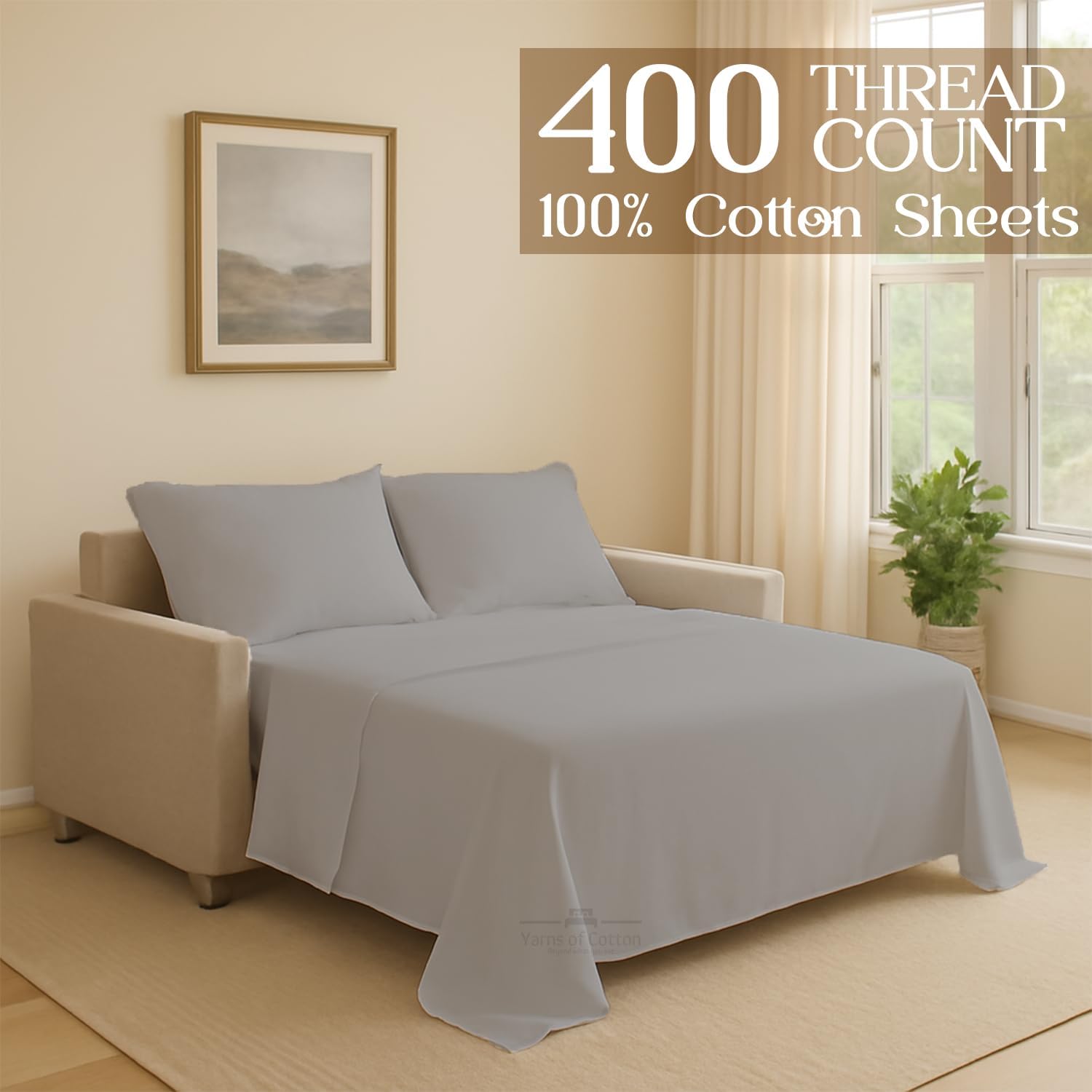Sleeper Sofa Bed Sheet Set - Queen Silver Grey Solid Sofa Bed Sheets - 100% Cotton 400 Thread Count Sofa Sheets - Sleeper Sofa 4 PC's Sheet Set - Sleeper Sofa Sheets - Fits Mattresses Up to 6" Drop