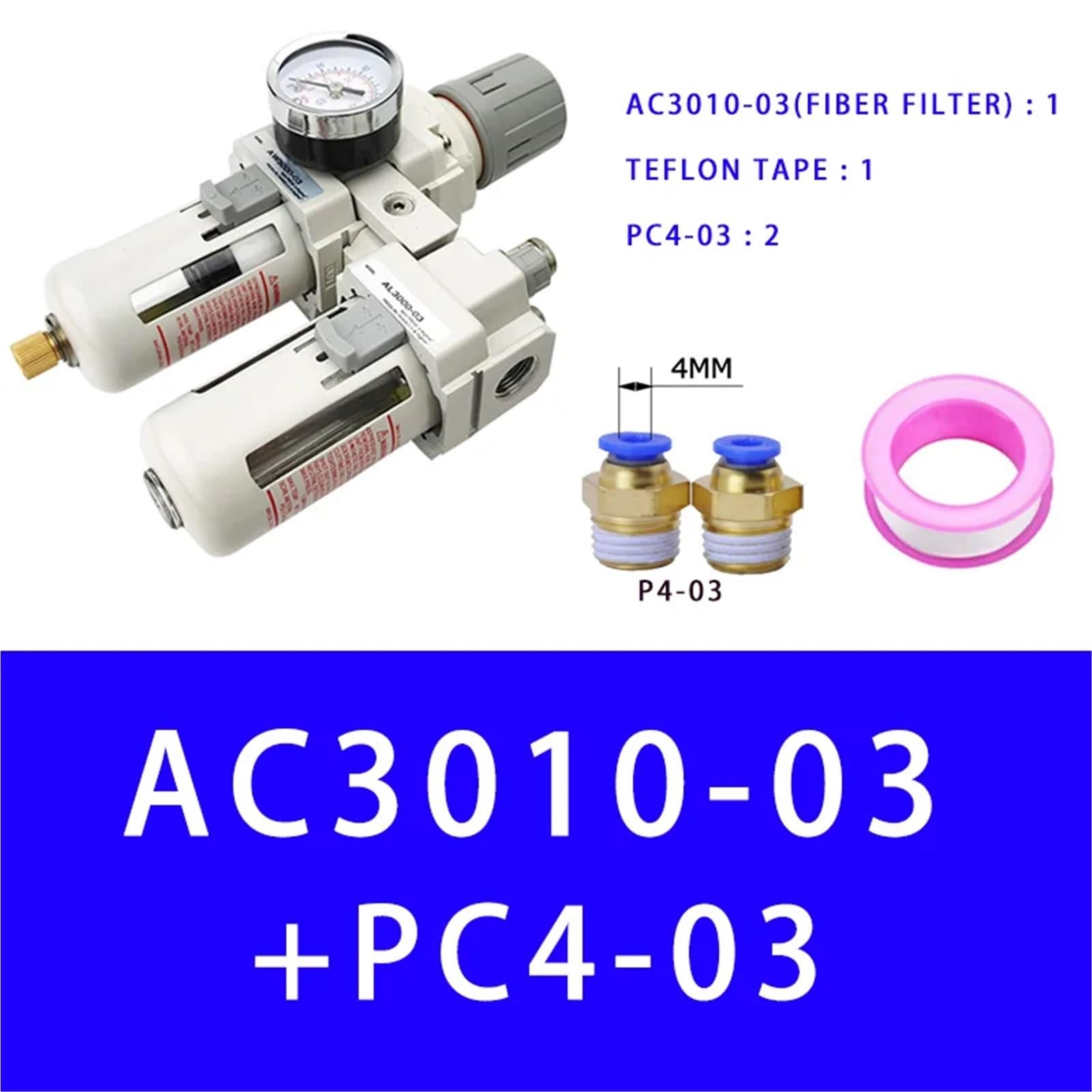 AC3010-03 Bomba de Aire Compresor Filtro Regulador de presión Trampa Separador de Aceite neumático Drenaje Manual Suministro Filtros de Humedad(Fiber and PC4-03)