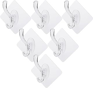 Clear Adhesive Wall Hooks, 6 Pack Transparent Heavy Duty with Double Hangers, No-Drill Self-Adhesive Wall Hook for Towel, Keys, Utensils, Bags, Kitchen, Bathroom, Home Organization