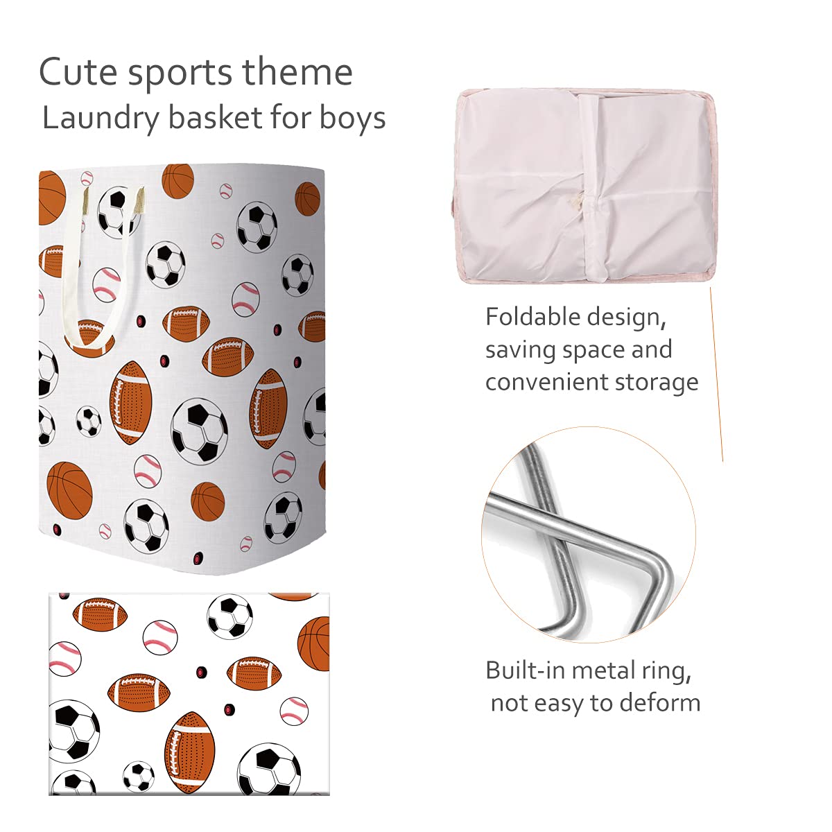 Sports Balls Collapsible Laundry Hamper - 36L Kids Toy Storage Basket With Rugby Design For Playroom