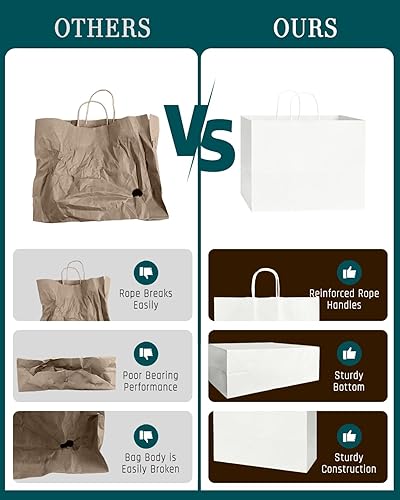 Miniatura 4 de Bakepacker Paquete de 60 bolsas de papel anchas de gran tamaño con asas a granel de 12.6 x 4.3 x 10 pulgadas, bolsas de compras blancas para fiestas