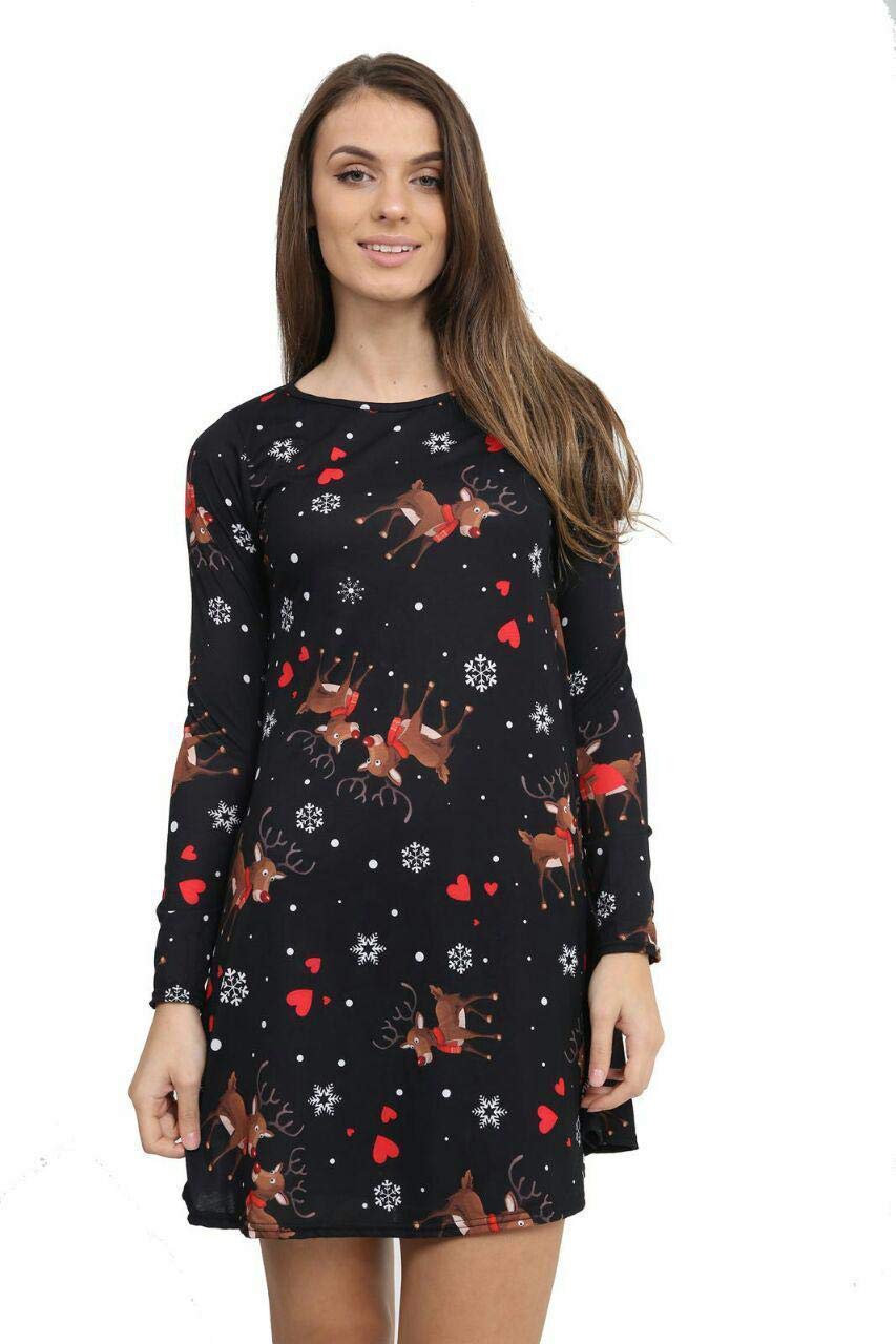 STAR FASHION Women's Christmas Party Snowman Swing Dress Novelty Printed Skater Xmas Secret Santa Gift Love Rudolph SM