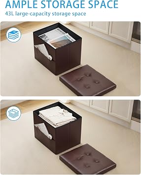 Ottoman with Storage,17 Inch Leather Folding Foot Rest Stool,Brown
