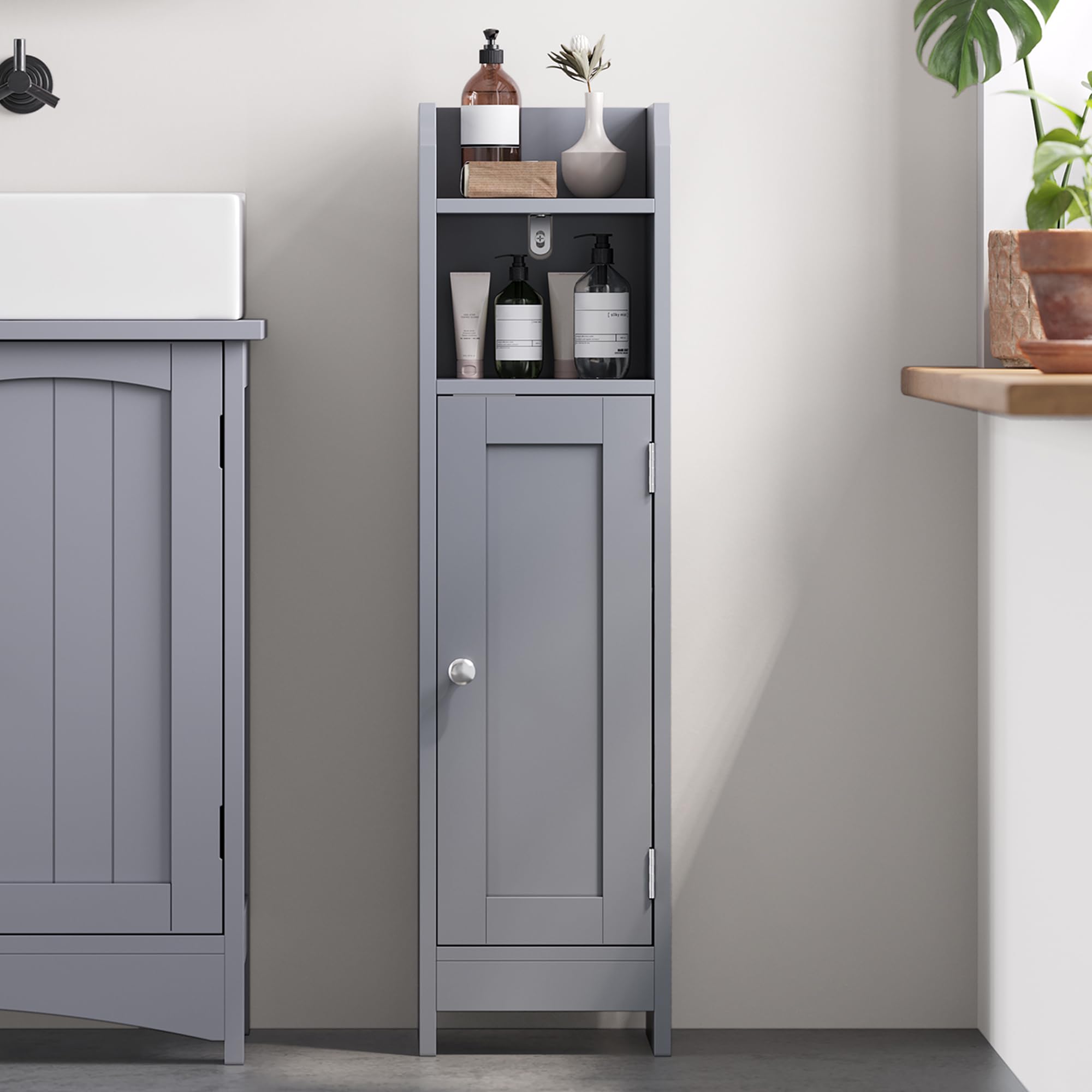 VASAGLE Slim Bathroom Floor Storage Cabinet with Door and Shelves, Freestanding Bathroom Storage Unit, Narrow Bathroom Toilet Paper Storage Cabinet, Adjustable Shelves, Dove Grey BBC310P36