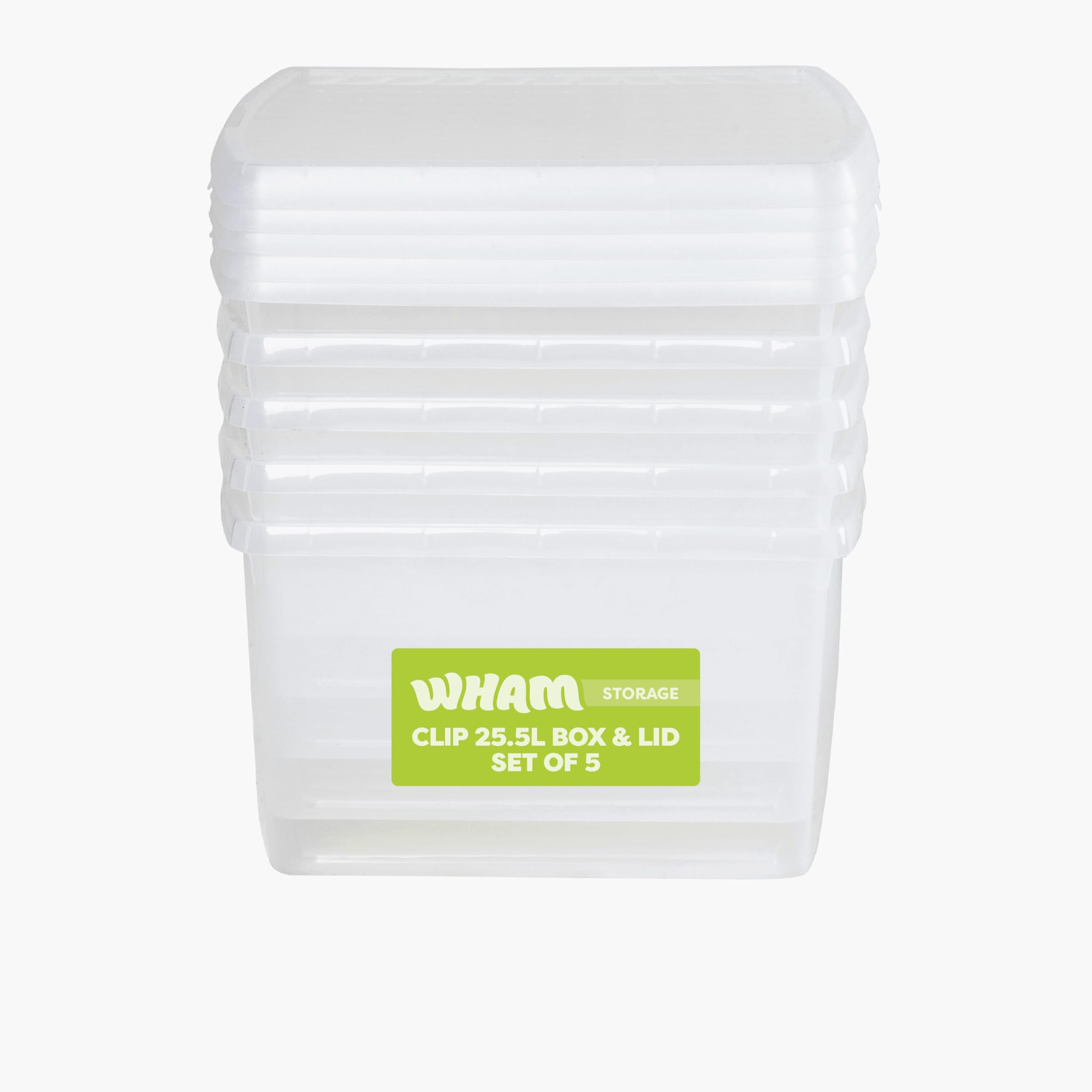 Wham Clip 5X 25.5L Square Plastic Storage Boxes With Clip Lock Lids. Ideal For HomeOfficeToys & MoreClear/clear from B&Q