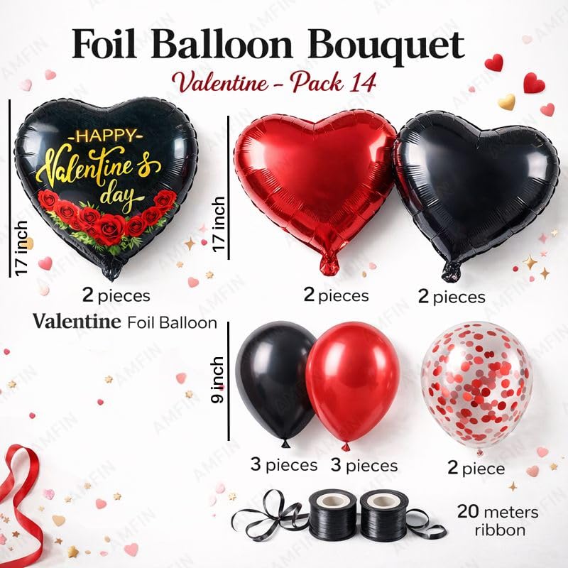 Image of AMFIN (Pack of 14) Happy Valentine's Day Balloon Decoration Set | Romantic Heart Foil Bouquet Metallic Helium Bunch Proposal Anniversary Celebration Party Decor - Red Black