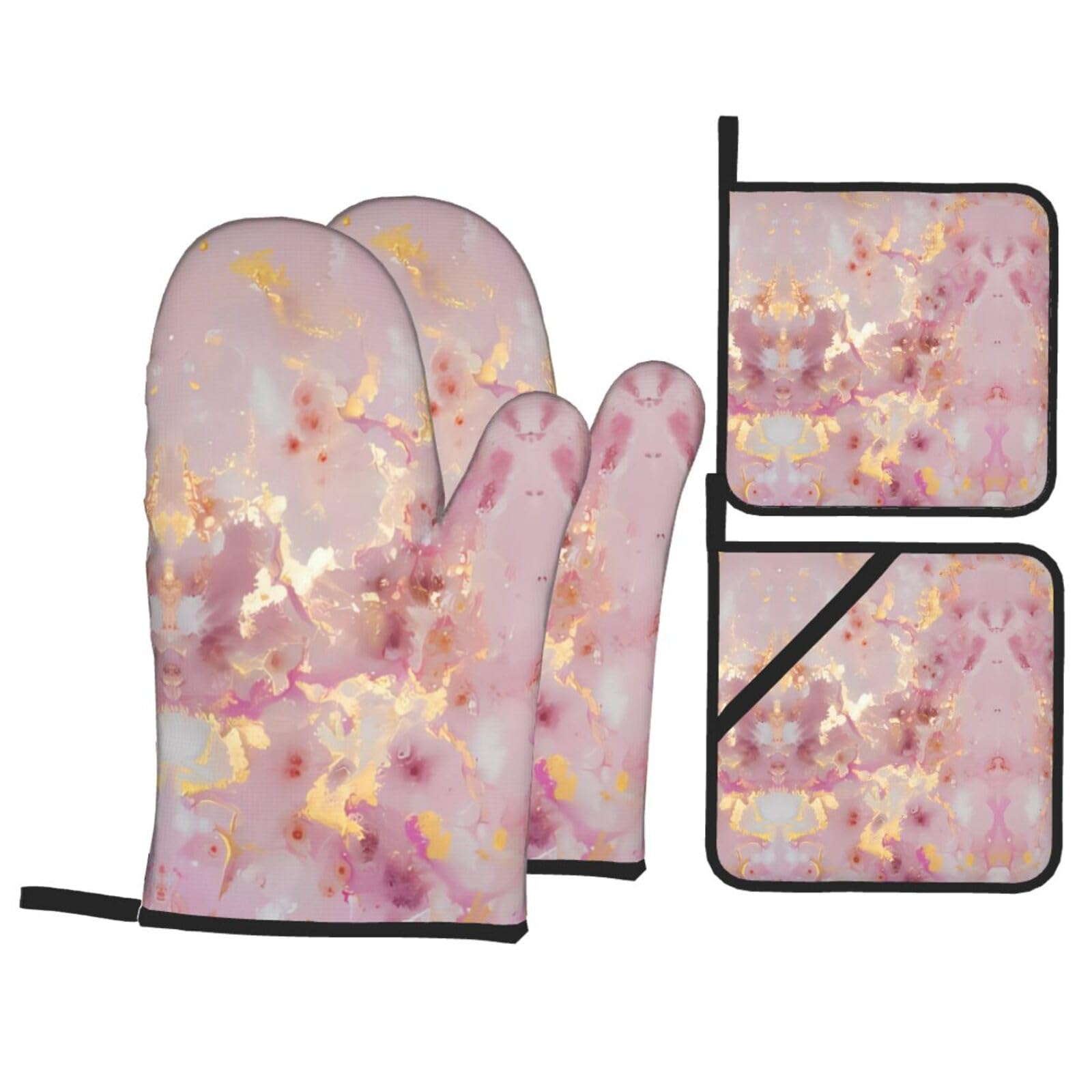 HJFCZH Pink Marble Texture Prints Kitchen Throw Set: Durable Oven Layers with Waterproof Polyester – 4 Piece Heat Protection System