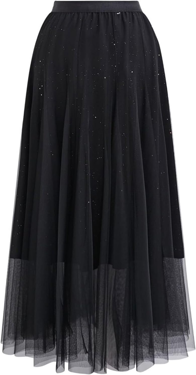 CHICWISH Women Glitter Mesh Tulle Midi Skirt A-Line High Waist Flowy Holiday Party Casual Sparkly Shimmer Fairy Skirt