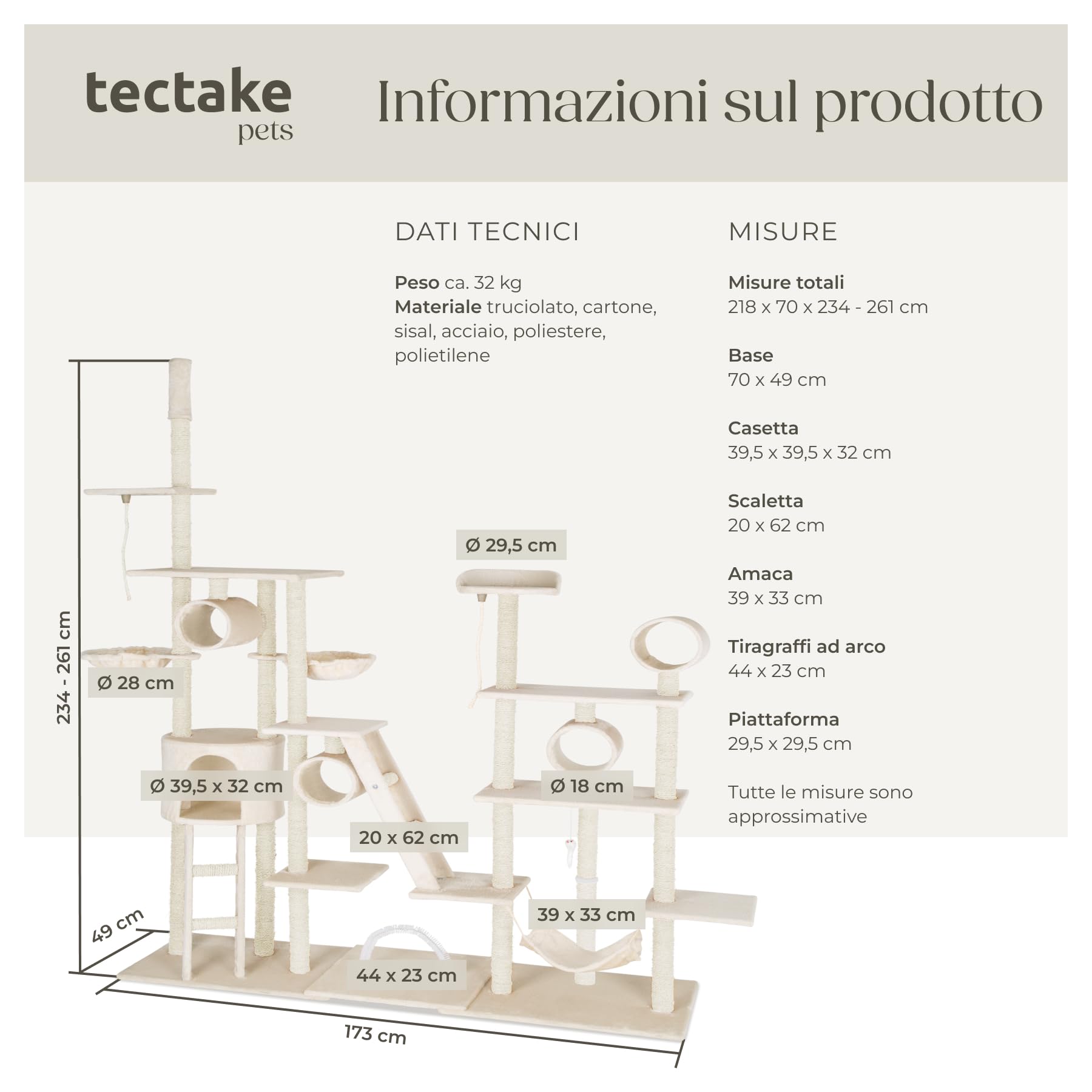 Tectake® Tiragraffi XXL per Gatti Con Cuccette Morbide, Colonne in Sisal, Topolino Giocattolo, Amaca - Albero Con Giochi, 261 cm - Beige