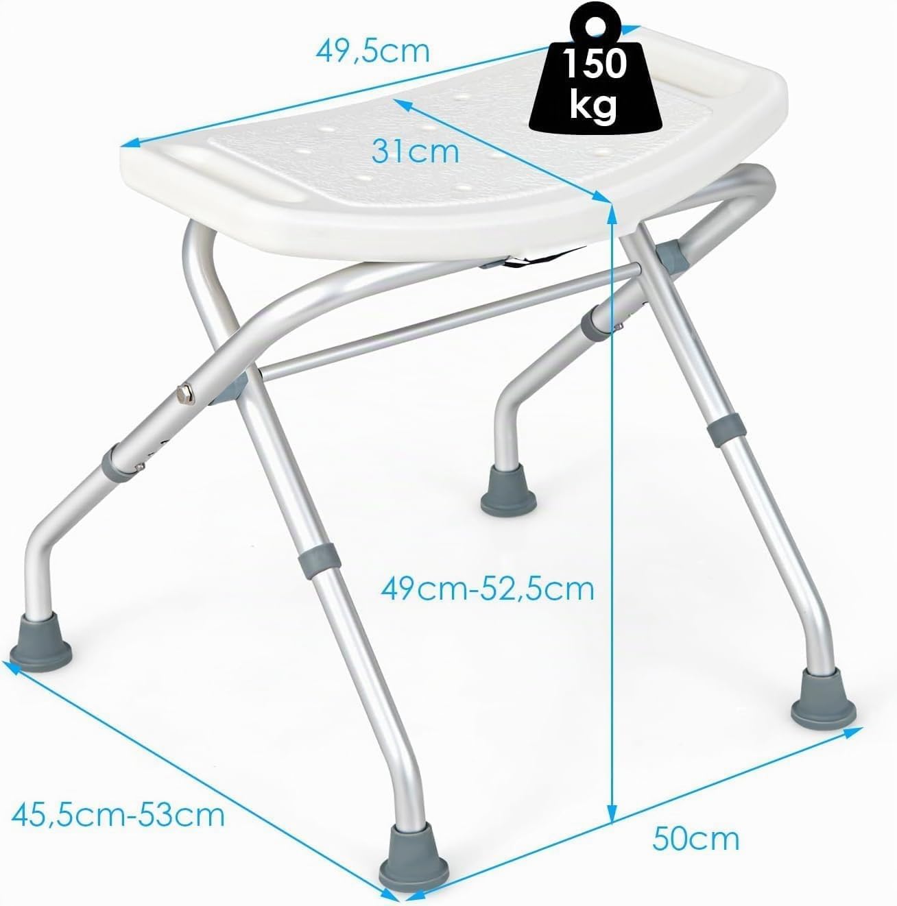 RELAX4LIFE Taburete Baño Plegable con 3 Altura Ajustable 49-52,5cm, Taburete Ducha Antideslizante de Aluminio y HDPE con Orificios de Drenaje para Personas Mayores, Discapacitadas, Carga 150kg