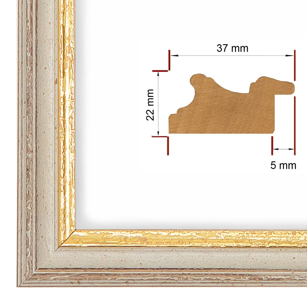 NiRa Marco de Fotos Madera Sólida 90x120cm en Beige-Oro | Tamaño Seleccionable | Marco para Carteles | Puzzle | collage de fotos HD082