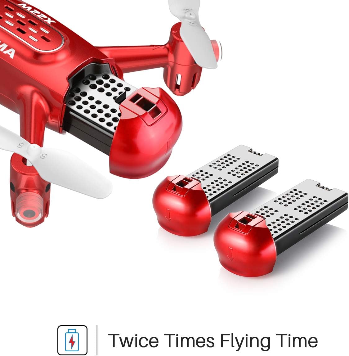 Image showing two drone batteries next to the drone, with one battery being inserted into the drone's compartment.