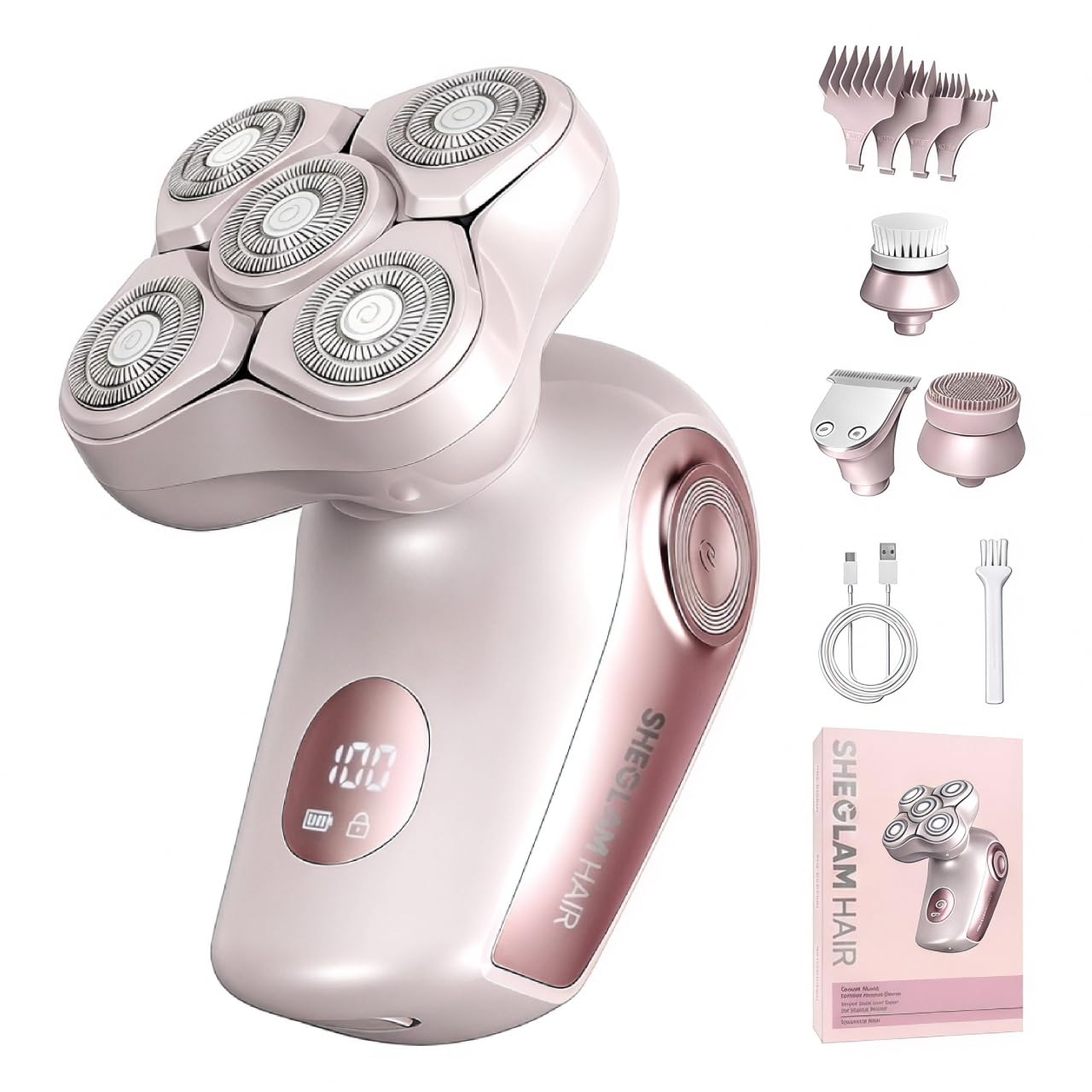 SHEGLAM Electric Razors for Women, 4-in-1 Electric Shaver with 5-Head 3D Floating Blades, Painless Body Hair Remover for Legs Arms Face, IPX7 Waterproof Wet Dry, USB-C Rechargeable, LED Display