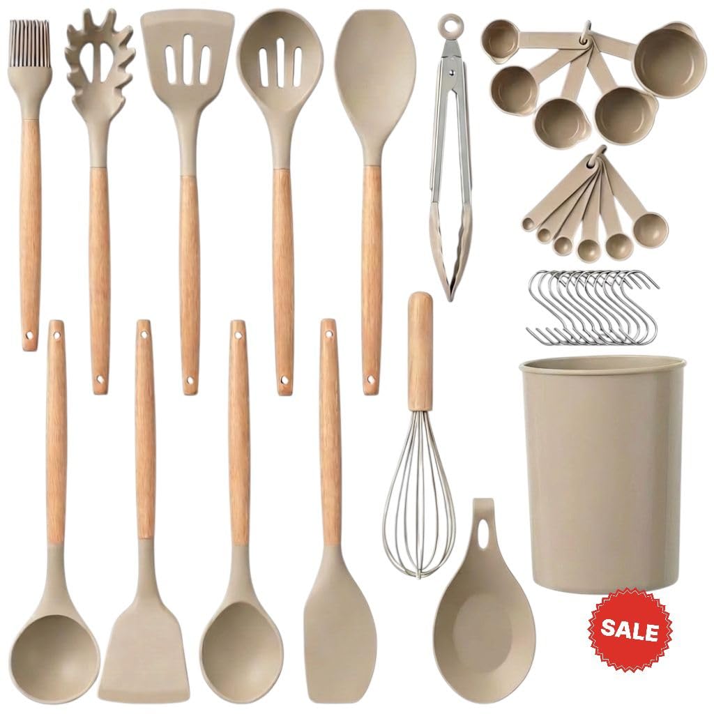 AHASON'S Set di utensili da cucina in silicone resistenti al calore 230°C-230°C, pinze per tornitore, cucchiaio, spatola, pennello, frusta con supporto, utensili da cucina, set di strumenti per