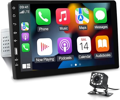 Estéreo de coche de 9 pulgadas con pantalla táctil de un solo DIN compatible con Apple Carplay y Android Auto, radio de coche Bluetooth con cámara