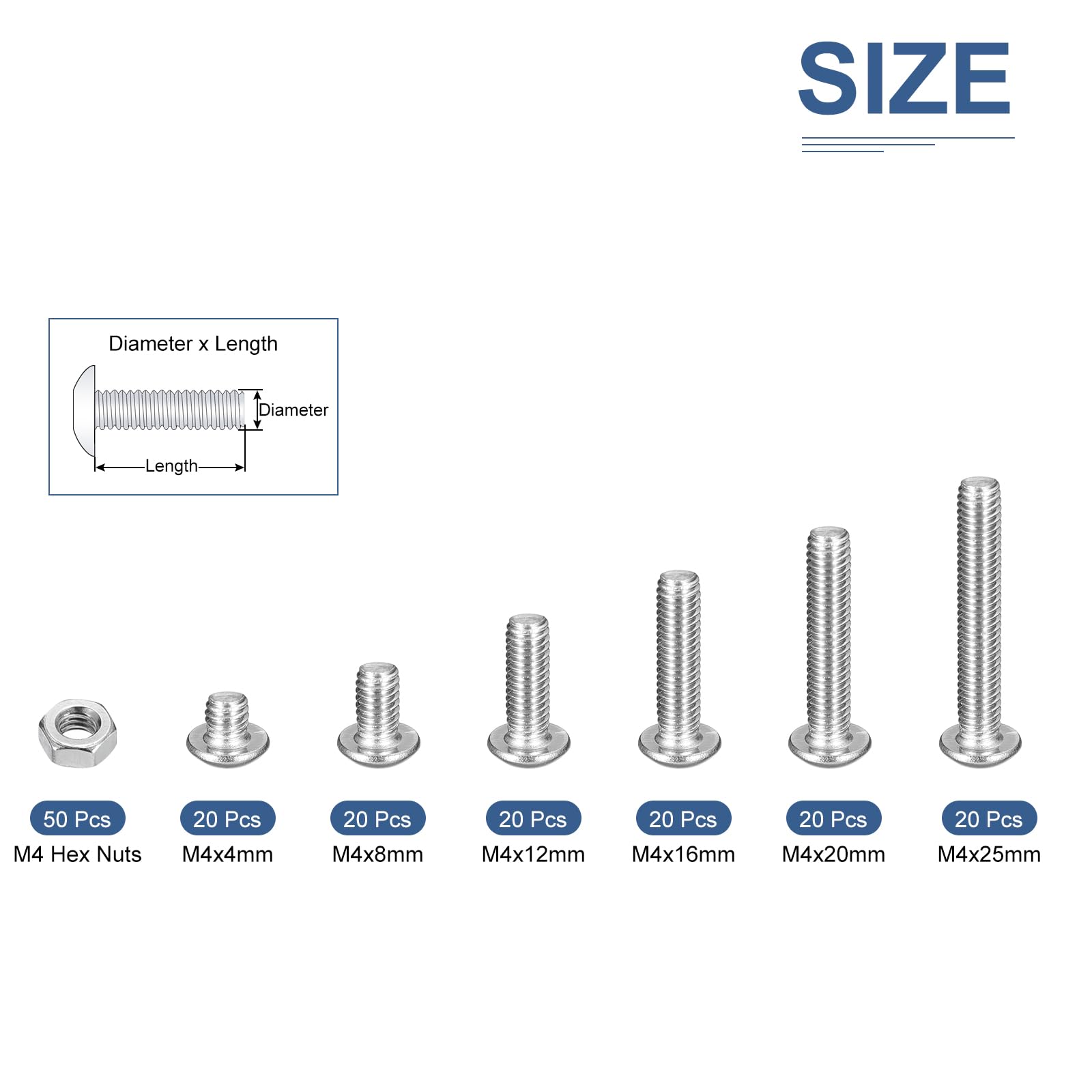 DTGN 170Pack M4(D) Button Head Socket Cap Screws Nuts Kit, 4/8/12/16/20/25mm(L) Hex Socket Cap Bolt Nut Assortment - Image 2