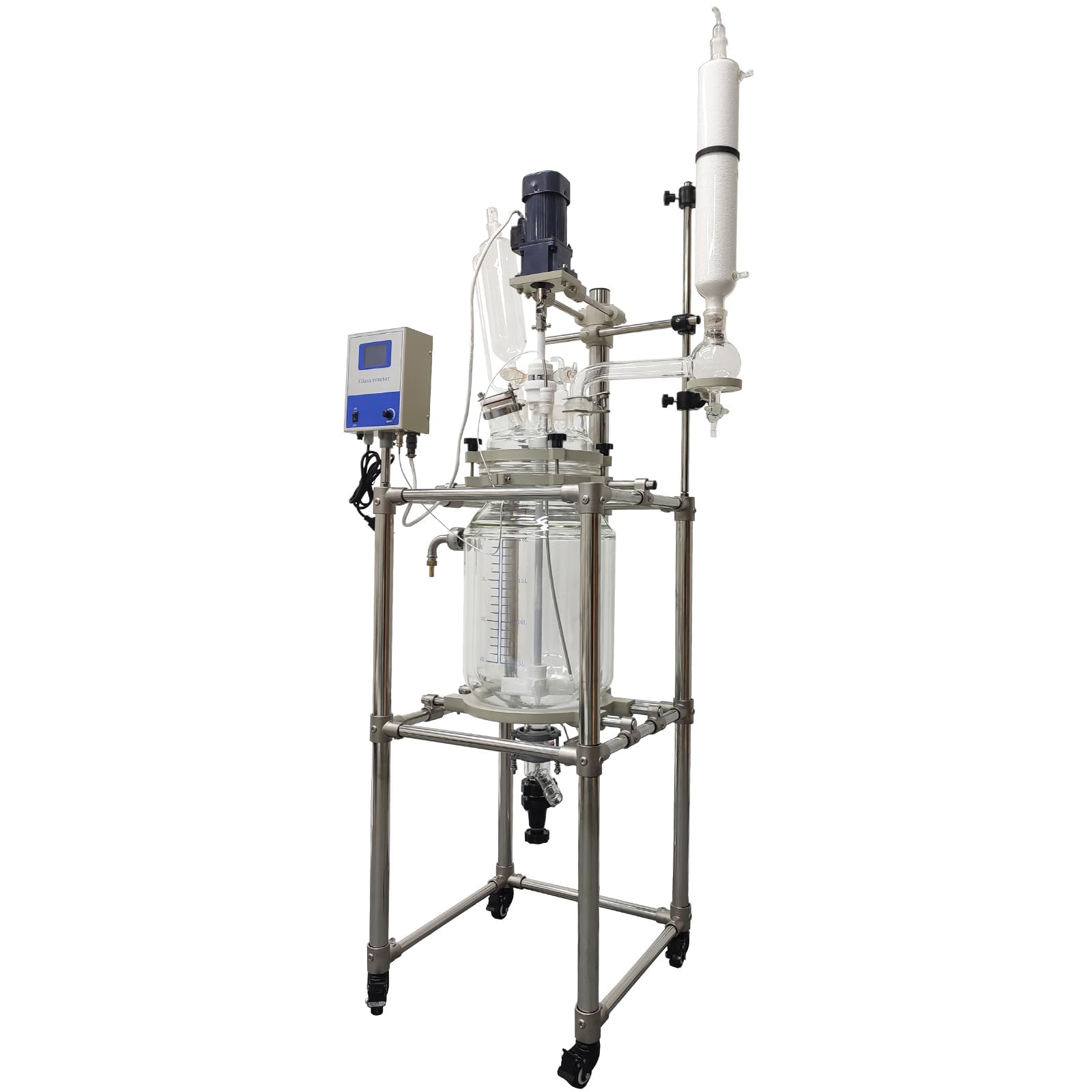 INTSUPERMAI 110V 20L Jacketed Glass Reactor, Double-Layer Chemical Reaction Vessel with Digital Display and Support Frame, Jacketed Reactor for Lab Chemistry Reaction Distillation