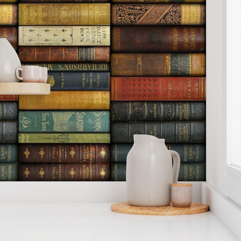 Peel & Stick Wallpaper 3ft x 2ft - Library Vertical Books Book Shelves Fancy Victorian Vintage Photographic Antique Custom Removable Wallpaper by Spoonflower