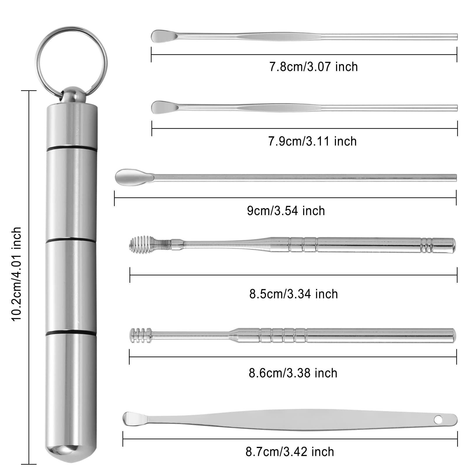 Cucchiaio per Orecchie Kit di Rimozione del Cerume Pulisci Orecchie in Acciaio Inossidabile con Scatola Portatile Argento 6 Pezzi
