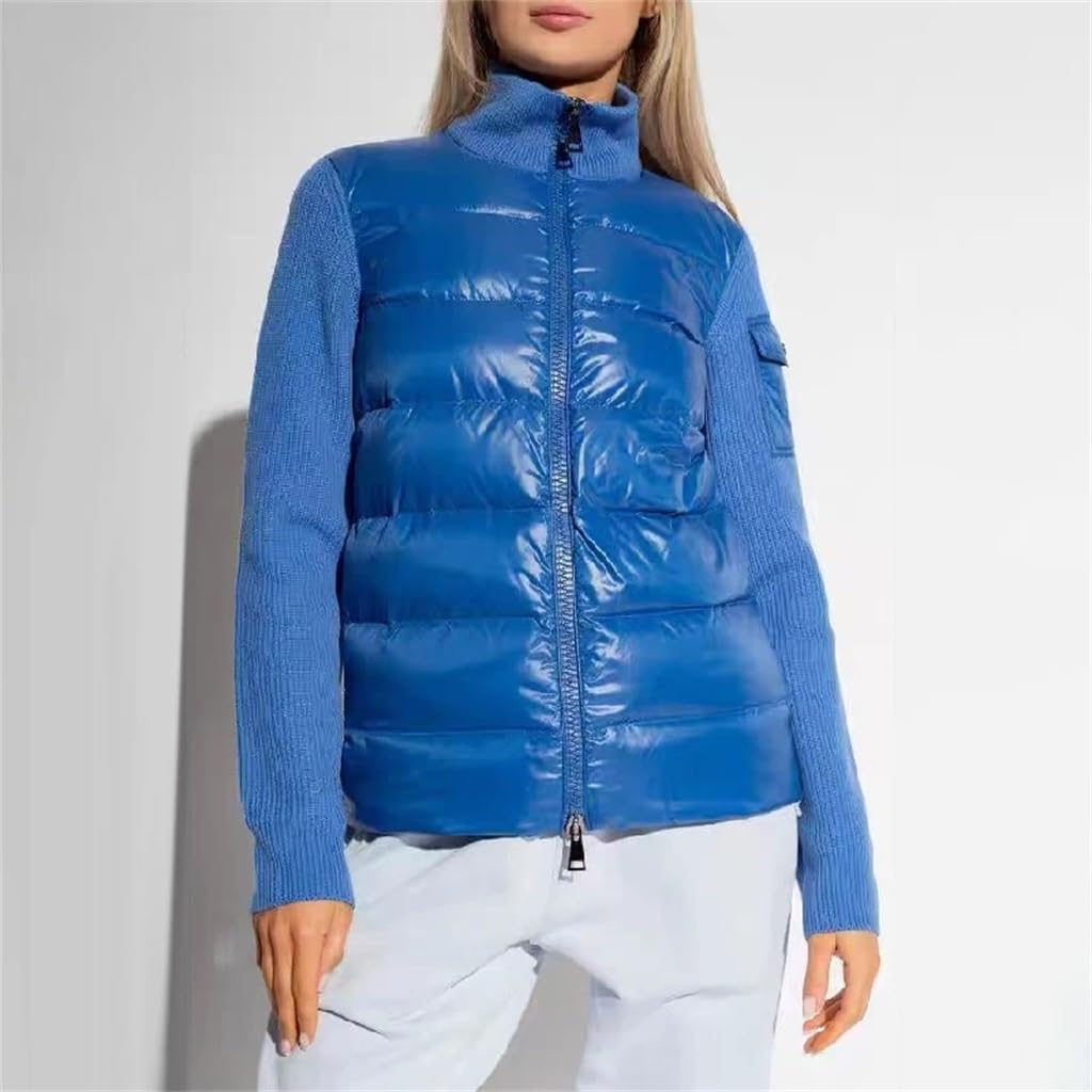 Fall Women's Down Sweater Patchwork Design Jacket Zipper Knit Cardigan Padded Winter Coat