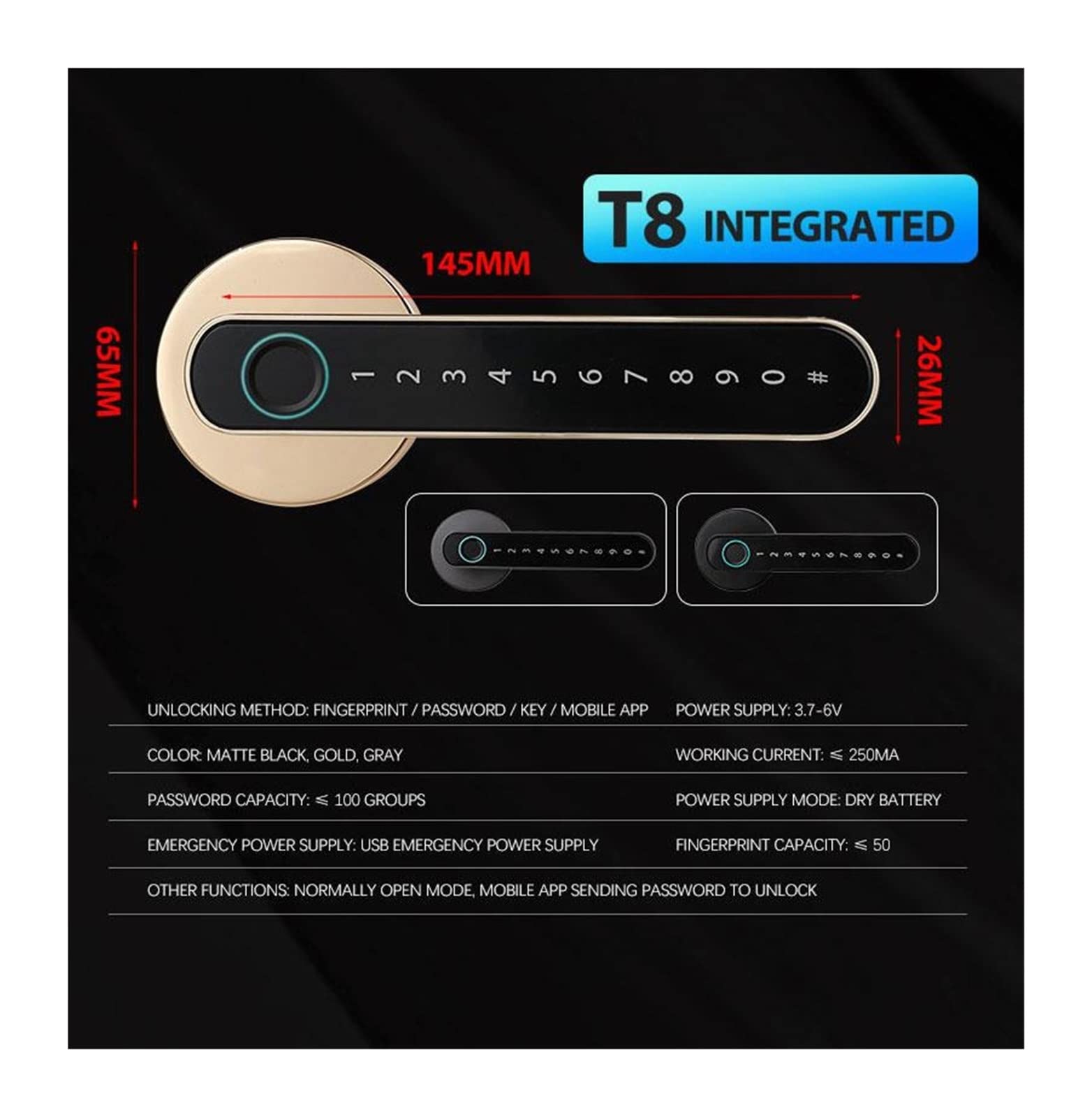 Serratura Smart, Tuya Digital Electronic Smart Door Lock Maniglia biometrica for porta con impronte digitali Password digitale senza chiave Smart Home ,Smart Lock Facile da Installare(Black and Gatewa