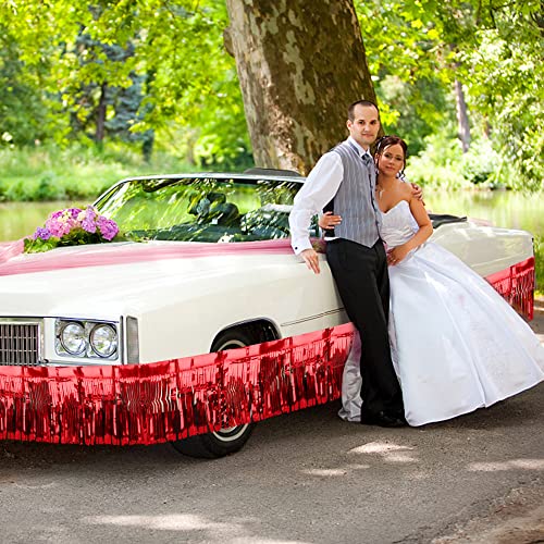 Image of 4 Pack Fringe Curtains, Metallic Foil Fringe Garland Shiny Tassel Float Parade Decorations for Trailer Car Graduation Homecoming Outdoor Indoor 4th of July Party (Red)