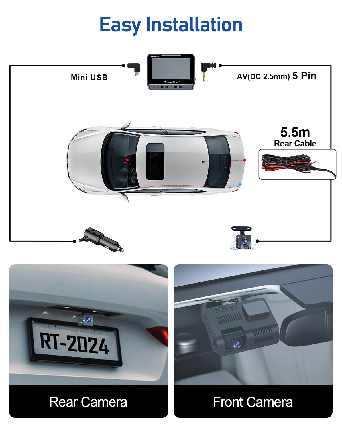 Dash Cam anteriore e posteriore, doppia telecamera da cruscotto grandangolare a 170°, 10,9 cm, impermeabile, registratore di guida con rilevamento del movimento e registrazione in loop