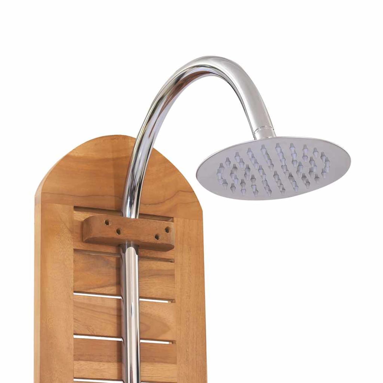 Gecheer Ducha de jardín de madera maciza de teca, 70 x 75 x 204 cm, ducha exterior de madera pulida fina con acero inoxidable para jardín y terraza