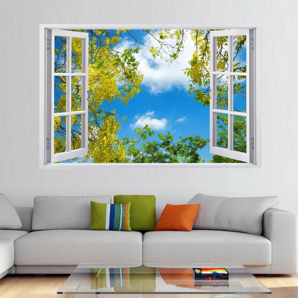 Efecto De Pared Rota 3D Árbol Nubes Blancas Pegatinas De Pared Impermeables Arte Extraíble Paisaje De Primavera Calcomanía De Vinilo Para Pared Para Niños, Niñas, Guardería, Hogar, Decoración De Pared