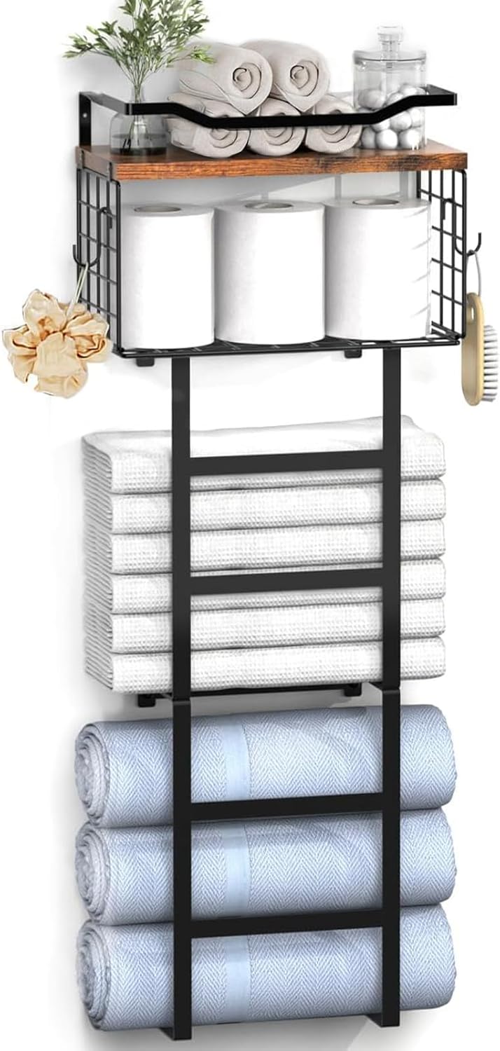 Towel Racks for Bathroom, 34IN Towel Rack Wall Mounted with 2 Pack Towel Shelf and a Wire Basket, Rolled Towel Holder Shelf Bathroom Storage and Organizer, Sturdy Metal & Wood, Black